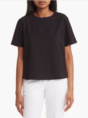 Eileen Fisher Black Short-Sleeve Textured Crewneck Top